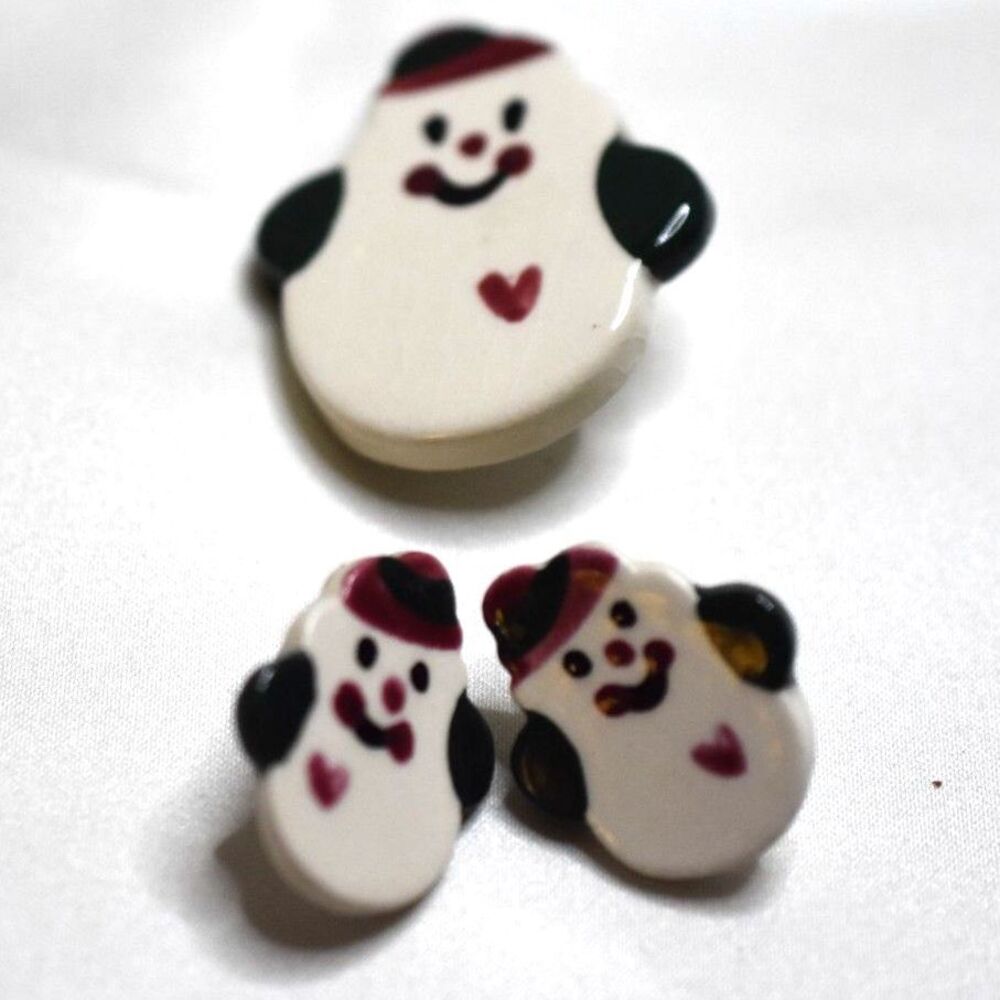 Winter Fun Snowman Handmade Ceramic Holiday Post Earrings & 1.5" Brooch  Set